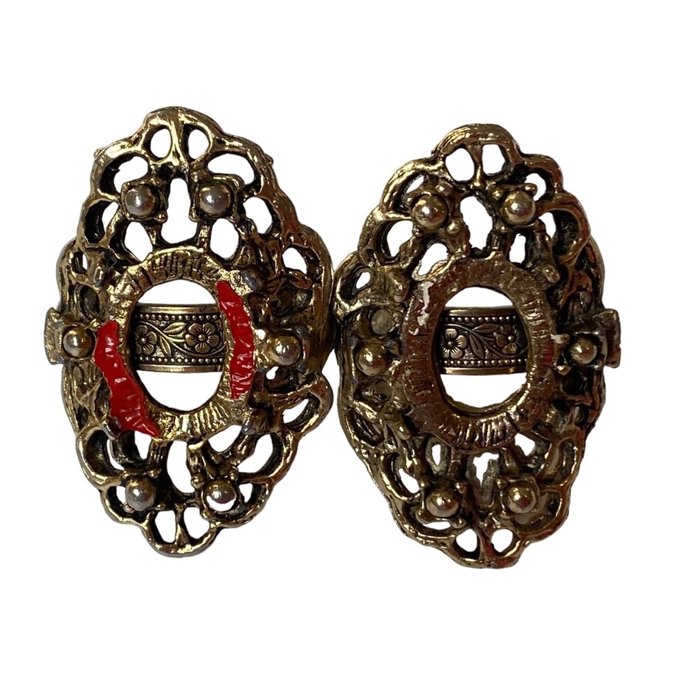 Lot of 2 VTG Adjustable Vermeil Gold Ornate Rings Costume Jewelry Etched Floral